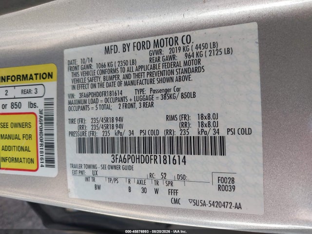 Продажа на аукционе авто 2015 Ford Fusion Se, vin: 3FA6P0HD0FR181614, номер лота: 45876993