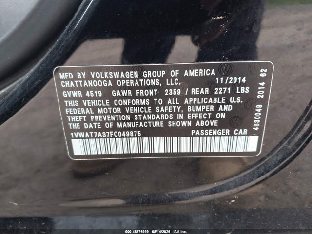 2015 Volkswagen Passat 1.8t Wolfsburg Edition მანქანა იყიდება აუქციონზე, vin: 1VWAT7A37FC049875, აუქციონის ნომერი: 45876999