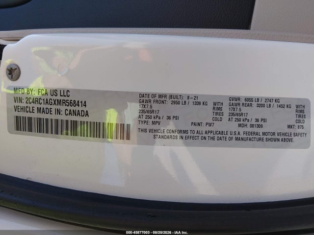Aukcja sprzedaży 2021 Chrysler Voyager L, vin: 2C4RC1AGXMR568414, numer aukcji: 45877003