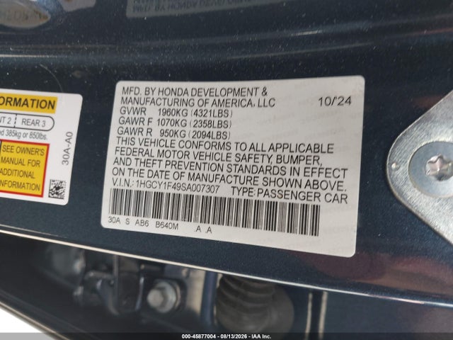 1HGCY1F49SA007307 Honda ACCORD SE