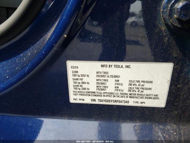 2024 Tesla Model Y Performance Dual Motor All-wheel Drive მანქანა იყიდება აუქციონზე, vin: 7SAYGDEF5RF047349, აუქციონის ნომერი: 45877007