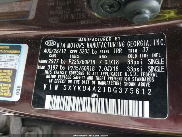 45877006 :رقم المزاد ، 5XYKU4A21DG375612 vin ، 2013 Kia Sorento Ex V6 مزاد بيع