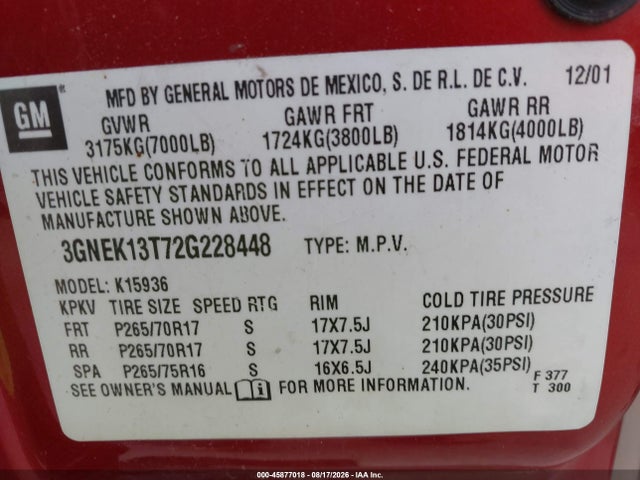 Aukcja sprzedaży 2002 Chevrolet Avalanche K1500, vin: 3GNEK13T72G228448, numer aukcji: 45877018