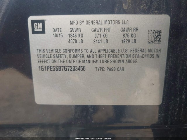 45877025 :رقم المزاد ، 1G1PE5SB7G7203456 vin ، 2016 Chevrolet Cruze Limited 1lt Auto مزاد بيع