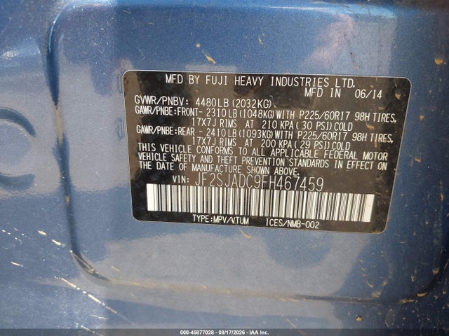 2015 Subaru Forester 2.5i Premium მანქანა იყიდება აუქციონზე, vin: JF2SJADC9FH467459, აუქციონის ნომერი: 45877028