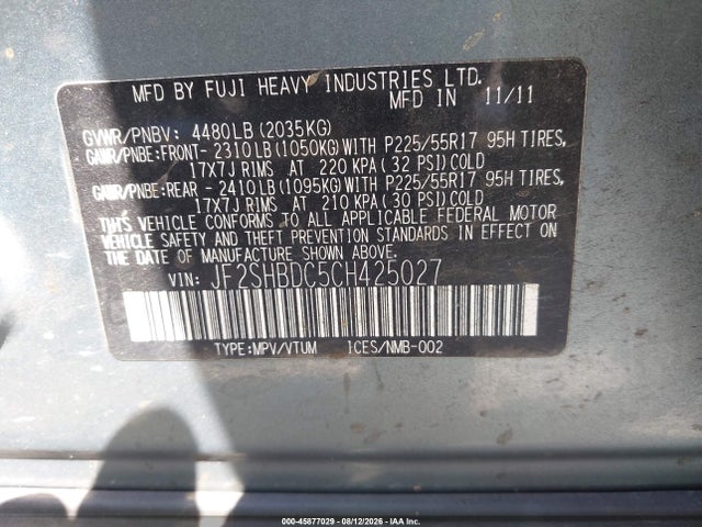 2012 Subaru Forester 2.5x Premium მანქანა იყიდება აუქციონზე, vin: JF2SHBDC5CH425027, აუქციონის ნომერი: 45877029