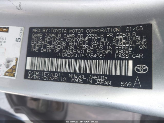 Продажа на аукционе авто 2008 Toyota Prius, vin: JTDKB20U183364987, номер лота: 45877030