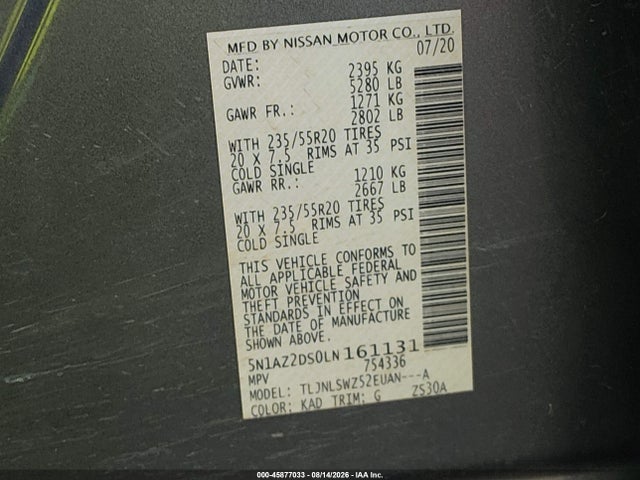 45877033 :رقم المزاد ، 5N1AZ2DS0LN161131 vin ، 2020 Nissan Murano Platinum Intelligent Awd مزاد بيع