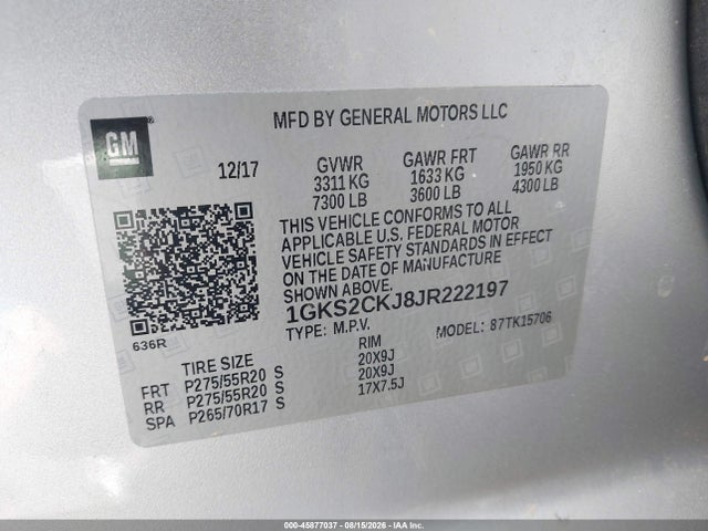 Продажа на аукционе авто 2018 Gmc Yukon Denali, vin: 1GKS2CKJ8JR222197, номер лота: 45877037