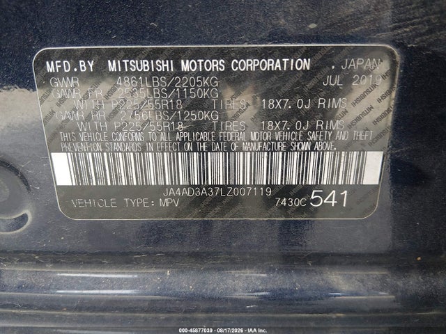 Aukcja sprzedaży 2020 Mitsubishi Outlander Le 2.4/se 2.4/sel 2.4/sp 2.4, vin: JA4AD3A37LZ007119, numer aukcji: 45877039