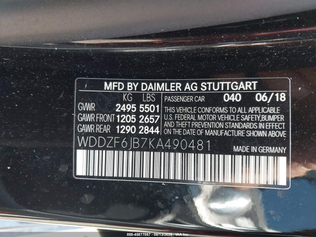 Aukcja sprzedaży 2019 Mercedes-benz E 450 4matic, vin: WDDZF6JB7KA490481, numer aukcji: 45877057