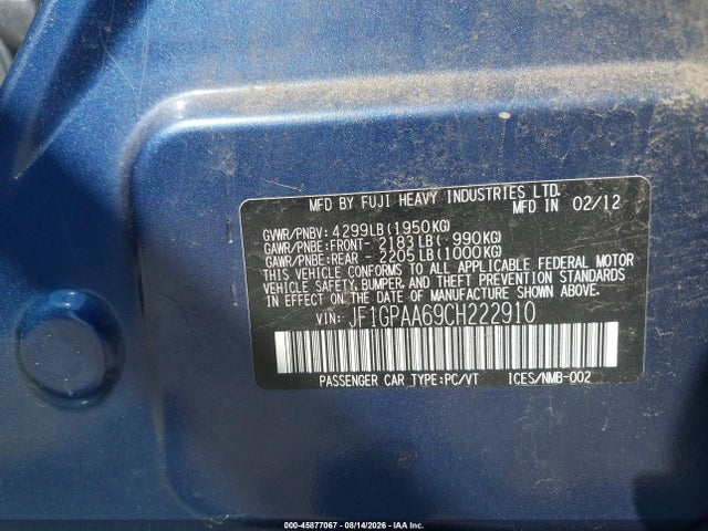 Продажа на аукционе авто 2012 Subaru Impreza 2.0i, vin: JF1GPAA69CH222910, номер лота: 45877067