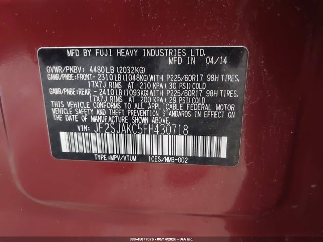 45877076 :رقم المزاد ، JF2SJAKC5FH430718 vin ، 2015 Subaru Forester 2.5i Limited مزاد بيع