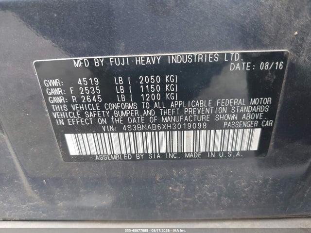 45877089 :رقم المزاد ، 4S3BNAB6XH3019098 vin ، 2017 Subaru Legacy 2.5i مزاد بيع