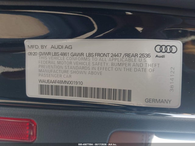 Aukcja sprzedaży 2021 Audi A4 Premium Plus 45 Tfsi S Line Quattro S Tronic, vin: WAUEAAF48MN001910, numer aukcji: 45877094