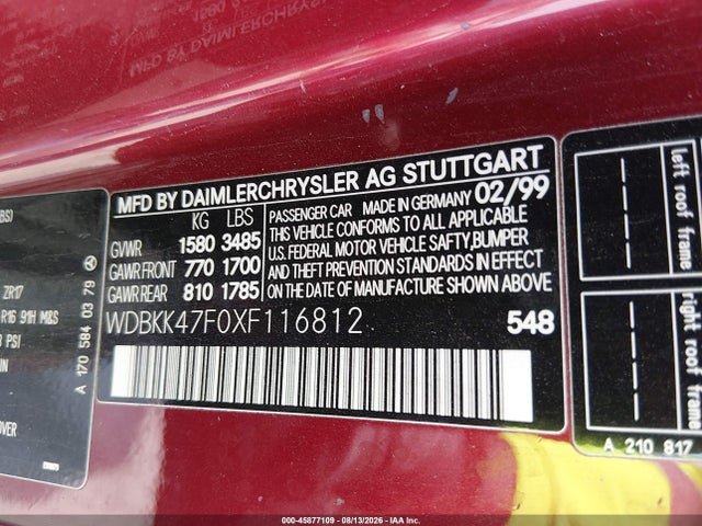 Продажа на аукционе авто 1999 Mercedes-benz Slk 230 Kompressor, vin: WDBKK47F0XF116812, номер лота: 45877109