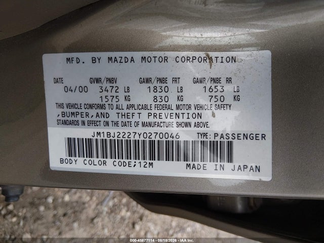 Продаж на аукціоні авто 2000 Mazda Protege Dx/lx, vin: JM1BJ2227Y0270046, номер лоту: 45877114