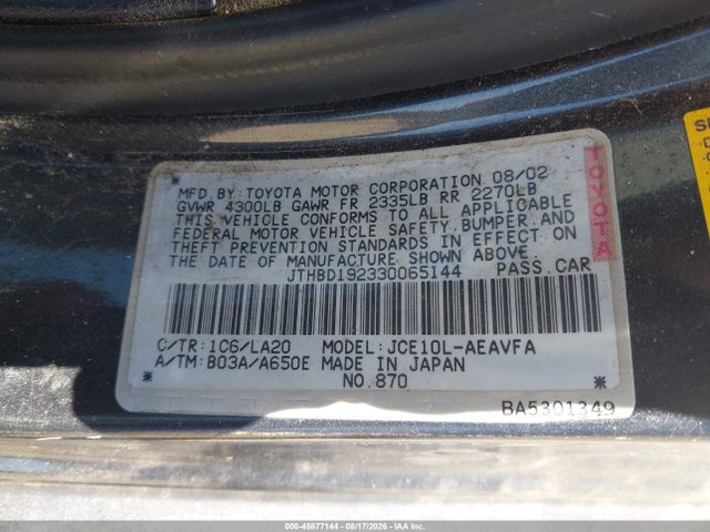 Продаж на аукціоні авто 2003 Lexus Is 300, vin: JTHBD192330065144, номер лоту: 45877144