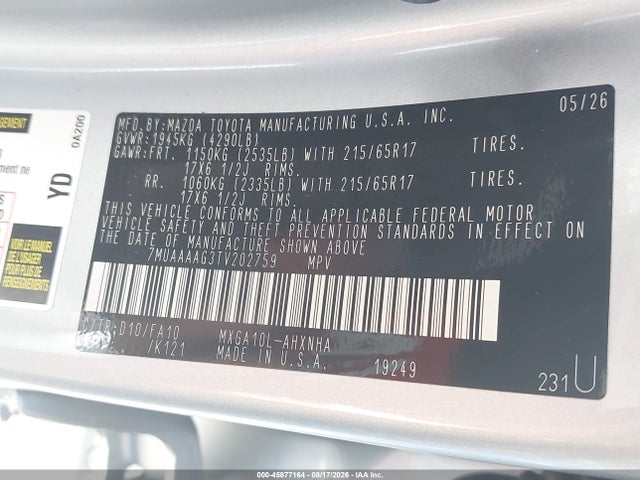 Продажа на аукционе авто 2026 Toyota Corolla Cross L, vin: 7MUAAAAG3TV202759, номер лота: 45877164