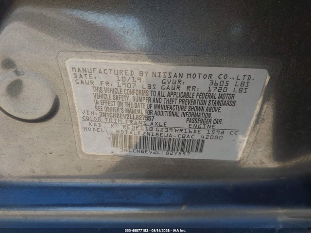 Продажа на аукционе авто 2020 Nissan Versa Sv Xtronic Cvt, vin: 3N1CN8EV2LL827557, номер лота: 45877183