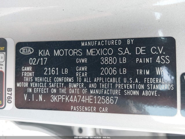 45877186 :رقم المزاد ، 3KPFK4A74HE125867 vin ، 2017 Kia Forte Lx مزاد بيع
