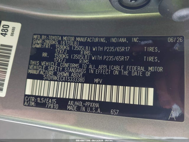 45877206 :رقم المزاد ، 5TDYRKECXTS333380 vin ، 2026 Toyota Sienna Xle مزاد بيع