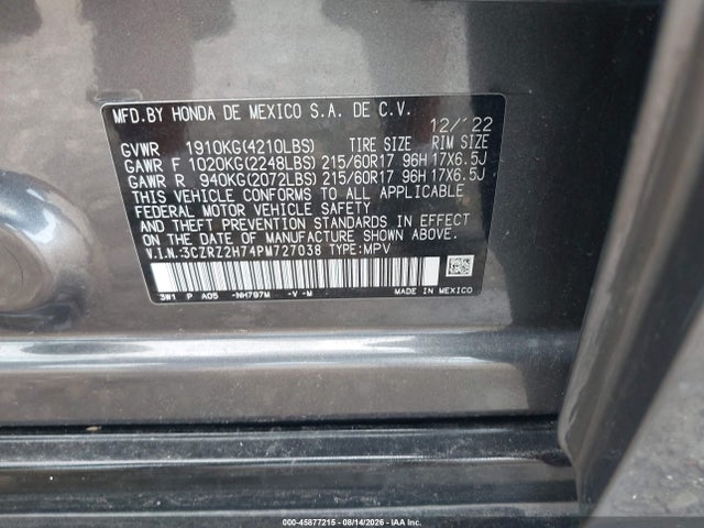Продажа на аукционе авто 2023 Honda Hr-v Awd Ex-l, vin: 3CZRZ2H74PM727038, номер лота: 45877215