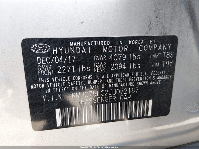 Продаж на аукціоні авто 2018 Hyundai Ioniq Hybrid Sel, vin: KMHC75LC2JU072187, номер лоту: 45877218