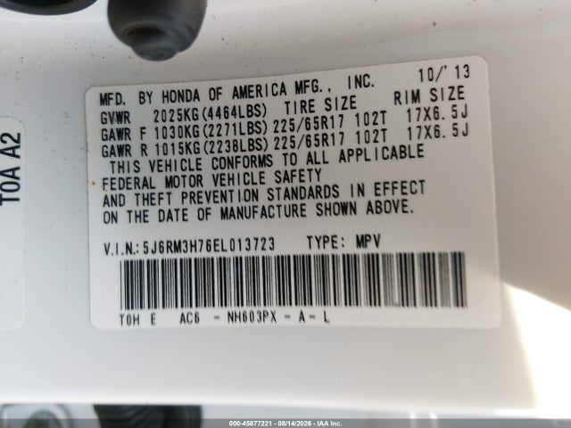 45877221 :رقم المزاد ، 5J6RM3H76EL013723 vin ، 2014 Honda Cr-v Ex-l مزاد بيع