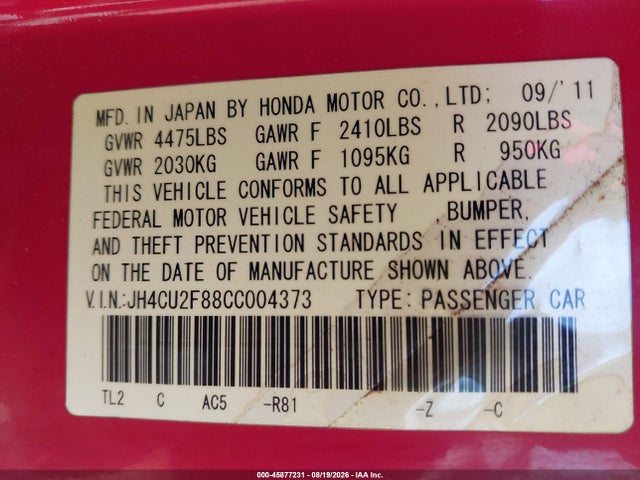 Продаж на аукціоні авто 2012 Acura Tsx 2.4, vin: JH4CU2F88CC004373, номер лоту: 45877231