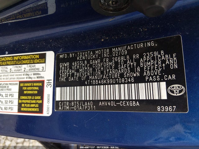 Aukcja sprzedaży 2009 Toyota Camry Hybrid, vin: 4T1BB46K99U108346, numer aukcji: 45877237