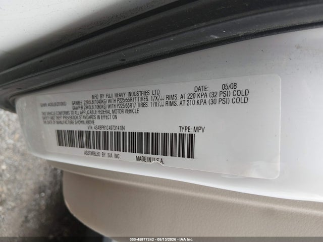 45877242 :رقم المزاد ، 4S4BP61C497314184 vin ، 2009 Subaru Outback 2.5i مزاد بيع