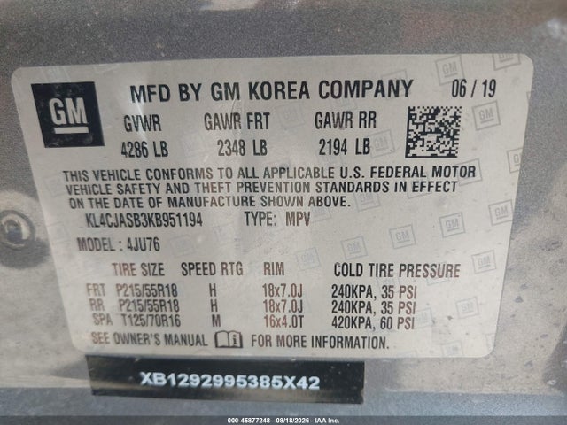 45877248 :رقم المزاد ، KL4CJASB3KB951194 vin ، 2019 Buick Encore Fwd Preferred مزاد بيع