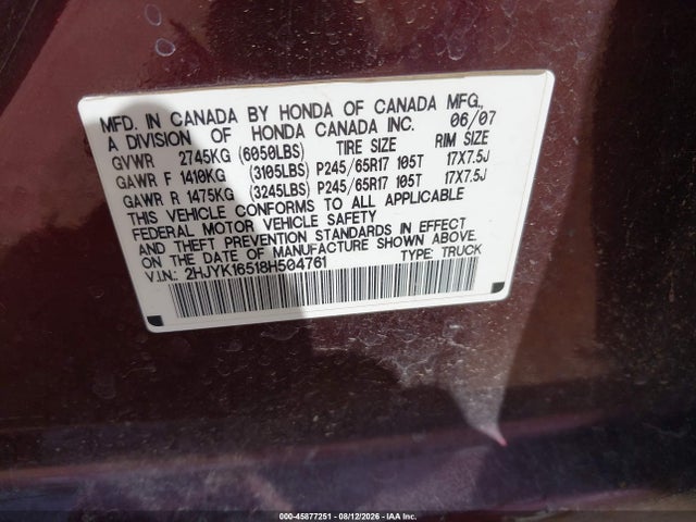 2008 Honda Ridgeline Rtl მანქანა იყიდება აუქციონზე, vin: 2HJYK16518H504761, აუქციონის ნომერი: 45877251