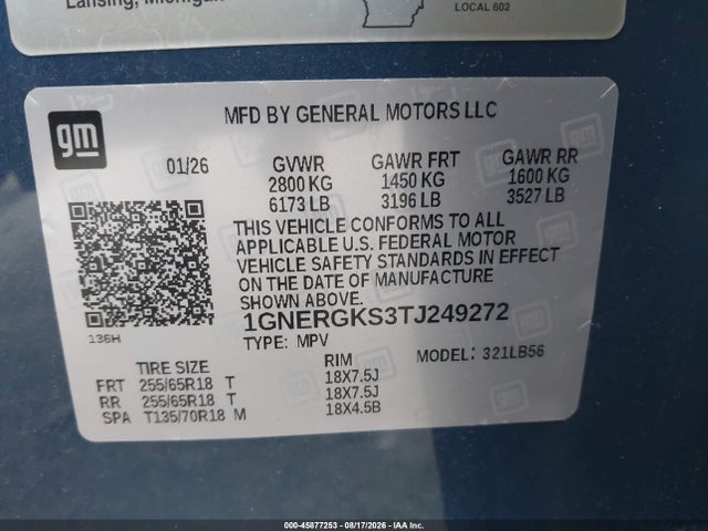 Aukcja sprzedaży 2026 Chevrolet Traverse Fwd Lt, vin: 1GNERGKS3TJ249272, numer aukcji: 45877253