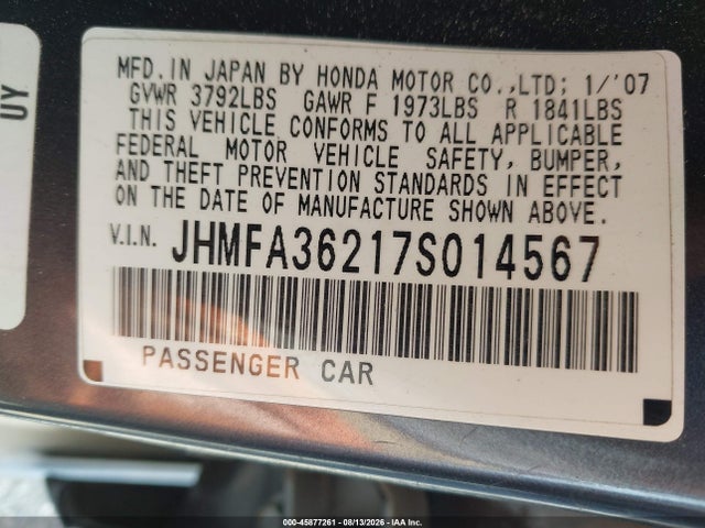 45877261 :رقم المزاد ، JHMFA36217S014567 vin ، 2007 Honda Civic Hybrid مزاد بيع