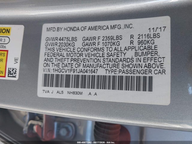 Honda Accord Touring 2018 1HGCV1F91JA041647 Image 9