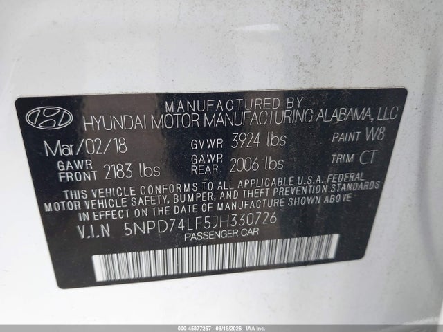 Продажа на аукционе авто 2018 Hyundai Elantra Se, vin: 5NPD74LF5JH330726, номер лота: 45877267