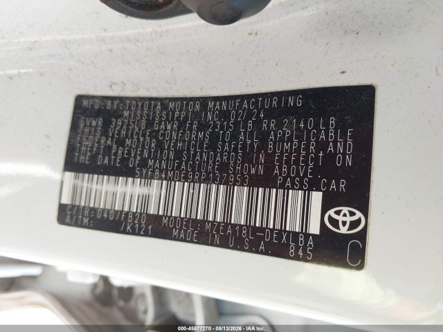 2024 Toyota Corolla Le მანქანა იყიდება აუქციონზე, vin: 5YFB4MDE9RP137953, აუქციონის ნომერი: 45877270