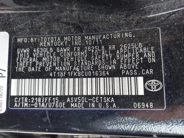 Aukcja sprzedaży 2012 Toyota Camry Se, vin: 4T1BF1FK8CU016364, numer aukcji: 45877291
