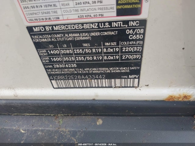 Продажа на аукционе авто 2008 Mercedes-benz Ml 320 Cdi 4matic, vin: 4JGBB22E28A433442, номер лота: 45877317