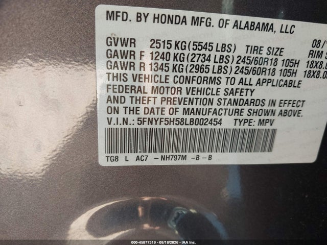 45877319 :رقم المزاد ، 5FNYF5H58LB002454 vin ، 2020 Honda Pilot 2wd Ex-l مزاد بيع