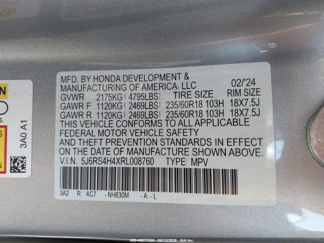 45877330 :رقم المزاد ، 5J6RS4H4XRL008760 vin ، 2024 Honda Cr-v Ex Awd مزاد بيع