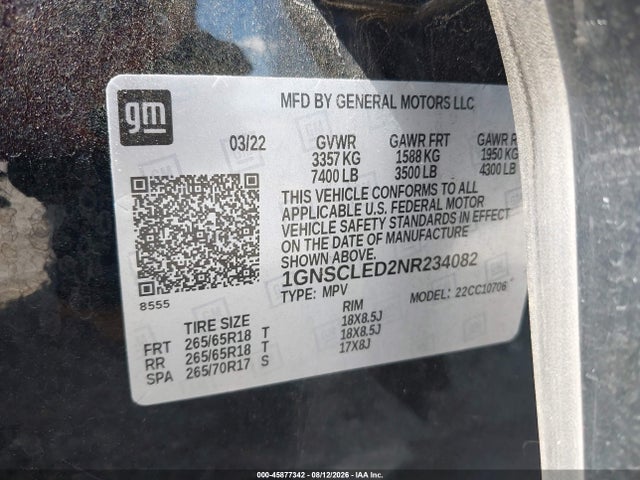 45877342 :رقم المزاد ، 1GNSCLED2NR234082 vin ، 2022 Chevrolet Tahoe 2wd Commercial Fleet مزاد بيع
