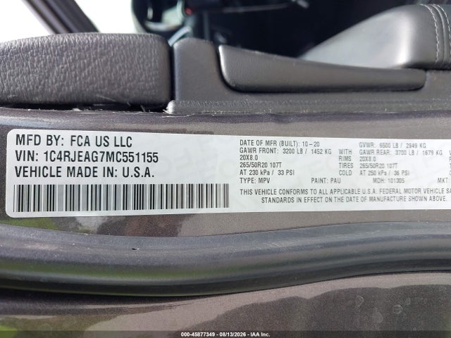 Продажа на аукционе авто 2021 Jeep Grand Cherokee Laredo X 4x2, vin: 1C4RJEAG7MC551155, номер лота: 45877349