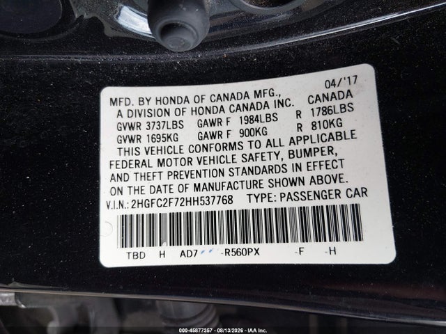 Продажа на аукционе авто 2017 Honda Civic Ex, vin: 2HGFC2F72HH537768, номер лота: 45877357