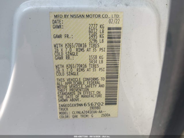 45877358 :رقم المزاد ، 1N6ED1EK9NN656702 vin ، 2022 Nissan Frontier S 4x4 مزاد بيع