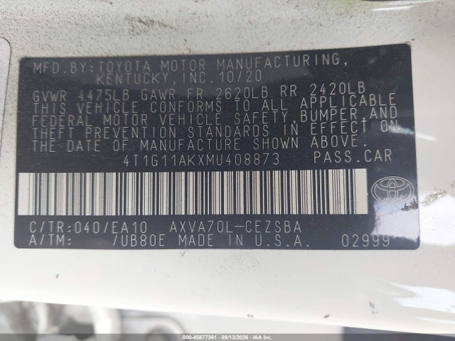 45877361 :رقم المزاد ، 4T1G11AKXMU408873 vin ، 2021 Toyota Camry Se مزاد بيع