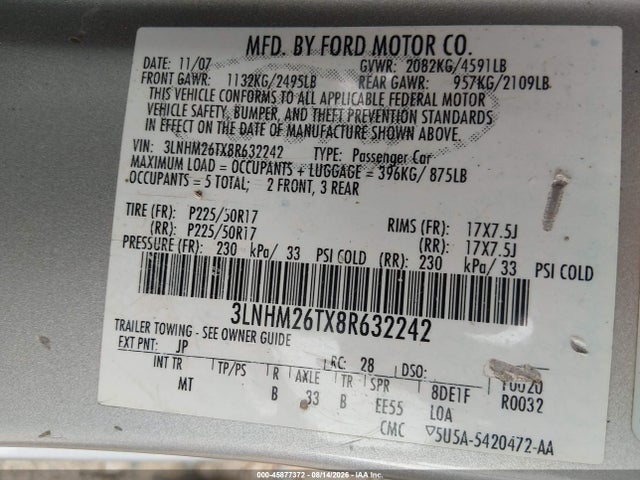 Aukcja sprzedaży 2008 Lincoln Mkz, vin: 3LNHM26TX8R632242, numer aukcji: 45877372