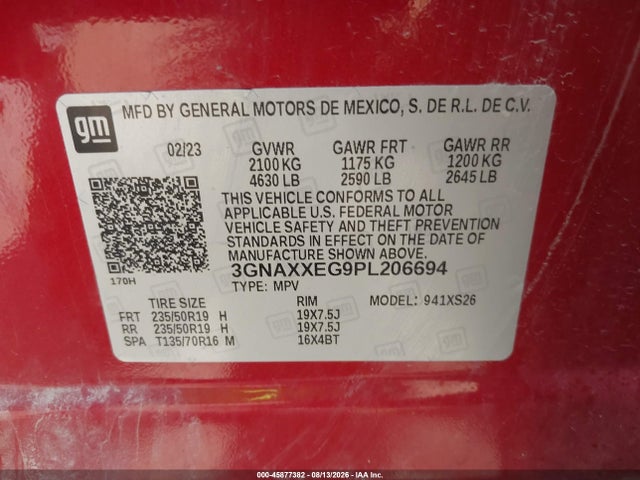 45877382 :رقم المزاد ، 3GNAXXEG9PL206694 vin ، 2023 Chevrolet Equinox Awd Premier مزاد بيع